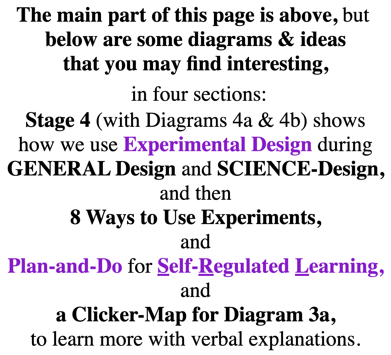 above is main part of page, below are sections about Stage 4 (Designing Experiments),  8 Ways to Use Experiments,  Plan-and-Do for Self-Regulated Learning,  Diagram 3a (clicker-map)